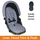 Matching Liner, Hood Trim & Harness Pads Package to fit iCandy Peach Pushchairs - Silver Star Design